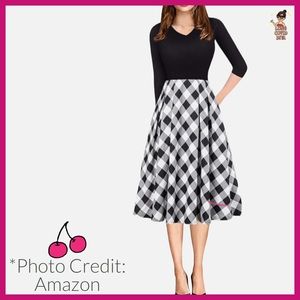 🖤🤍EUC/Casual 3/4 Sleeve, Swing, Black & White Argyle, Midi-Dress/XXL